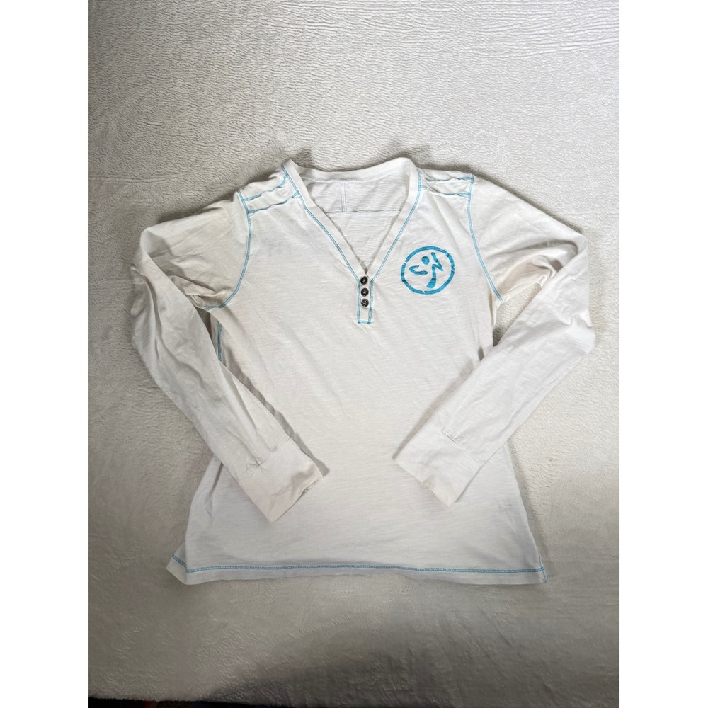 Zumba Fitness Henley Long Sleeve Top Size L White Blue Graphic Womens Workout